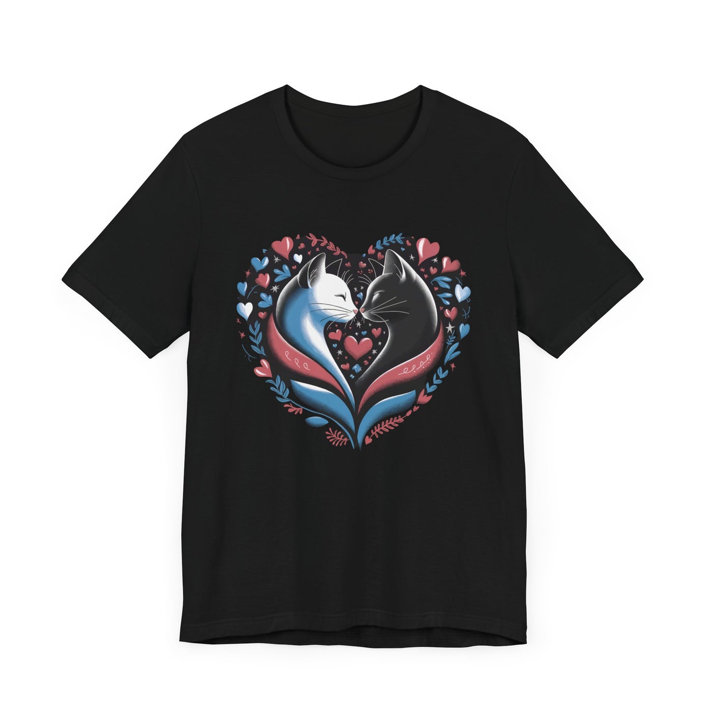 Romantic Cat Lovers’ Valentine’s T-Shirt – Elegant Heart Design with Floral Accents