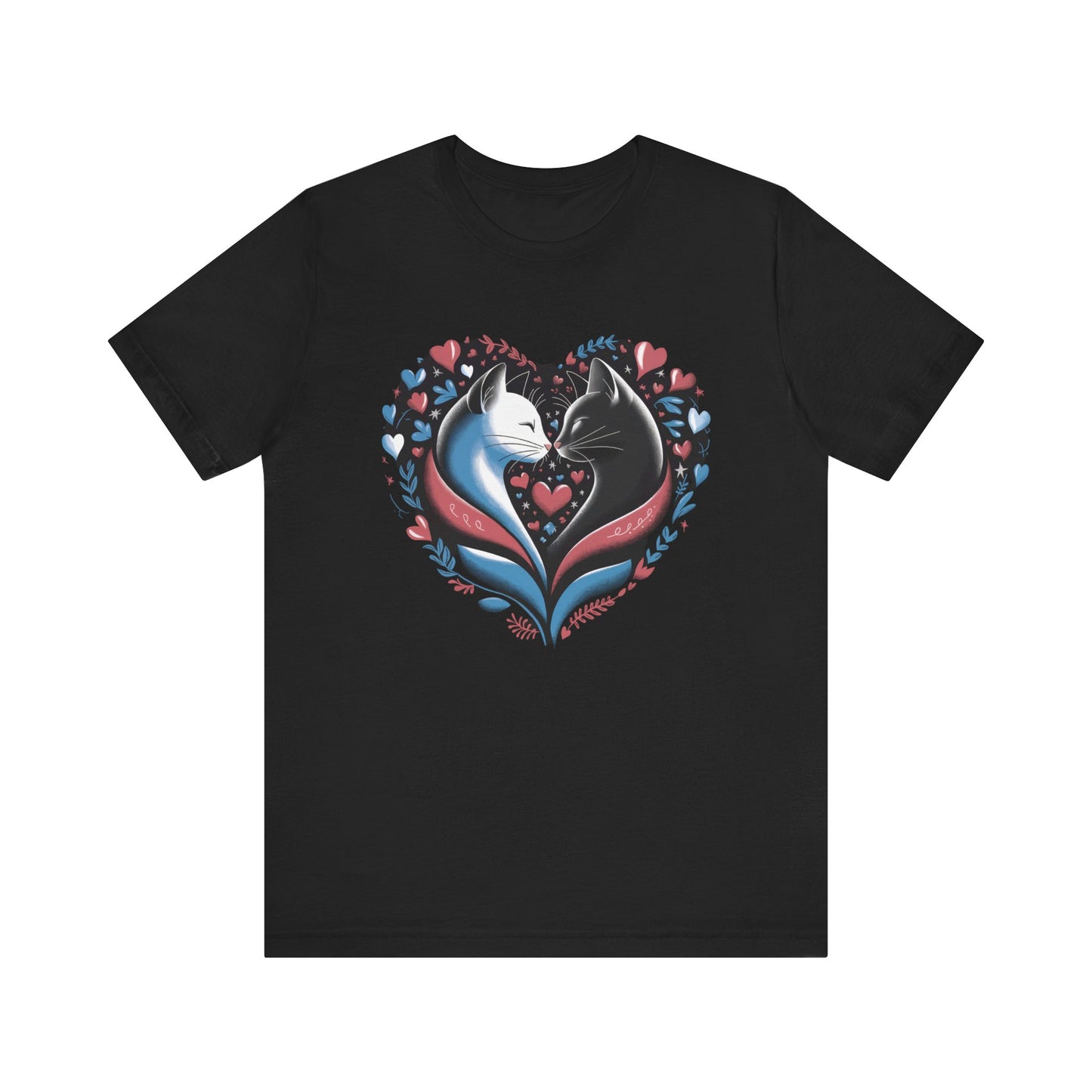 Romantic Cat Lovers’ Valentine’s T-Shirt – Elegant Heart Design with Floral Accents