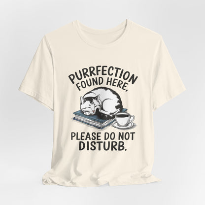 Purrfection Found Here Book Lover T-Shirt – Cozy Cat and Coffee Design