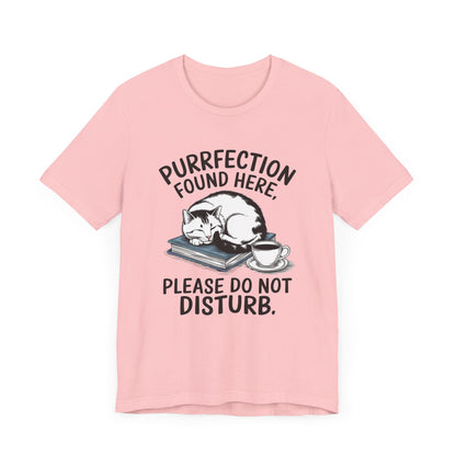 Purrfection Found Here Book Lover T-Shirt – Cozy Cat and Coffee Design