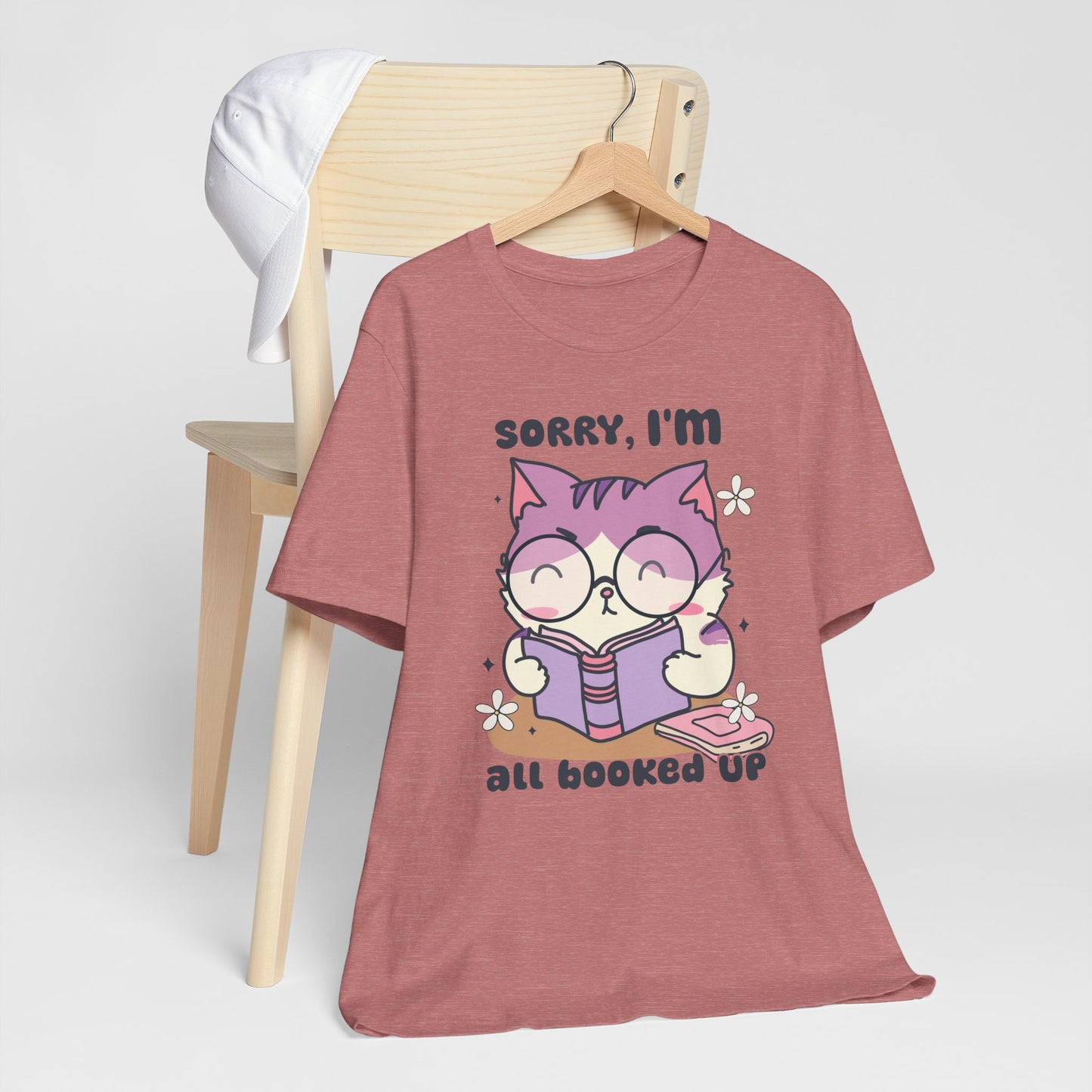 Adorable 'Sorry, I’m All Booked Up' T-Shirt for Book and Cat Lovers