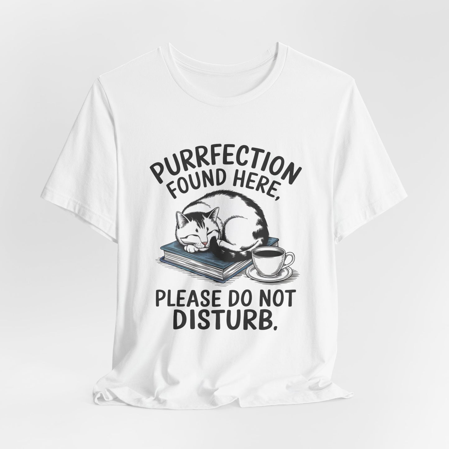 Purrfection Found Here Book Lover T-Shirt – Cozy Cat and Coffee Design