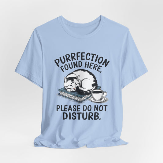 Purrfection Found Here Book Lover T-Shirt – Cozy Cat and Coffee Design