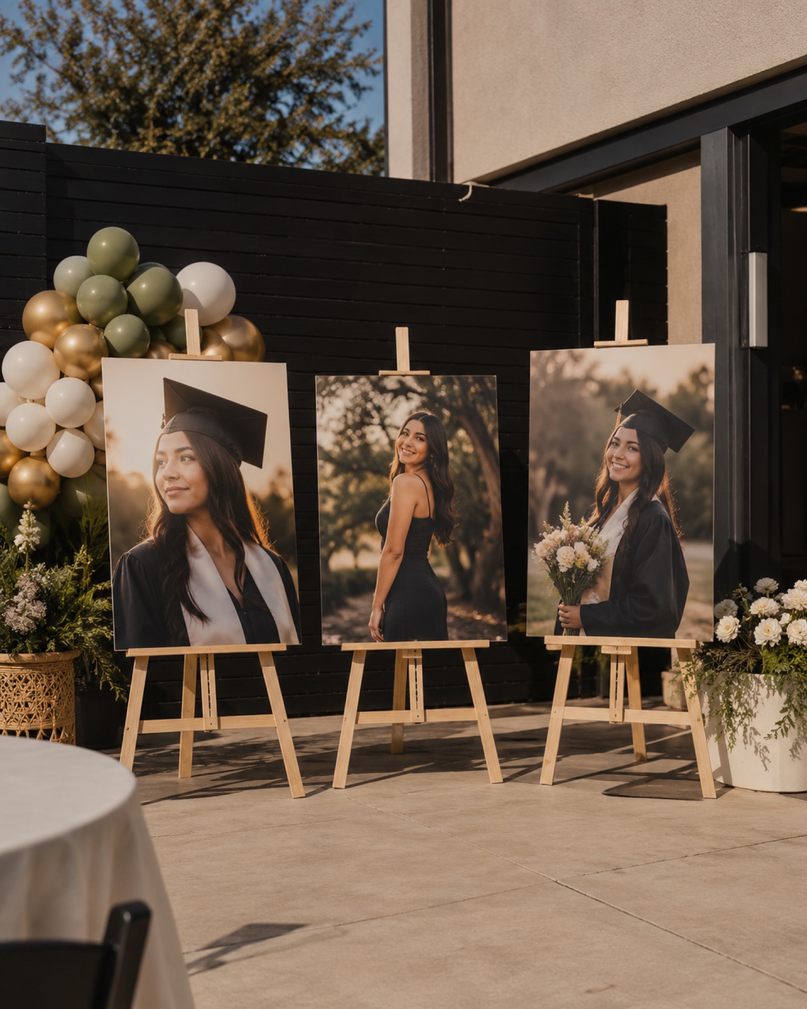 Three custom 40x60 foam-board prints on easels at an outdoor celebration